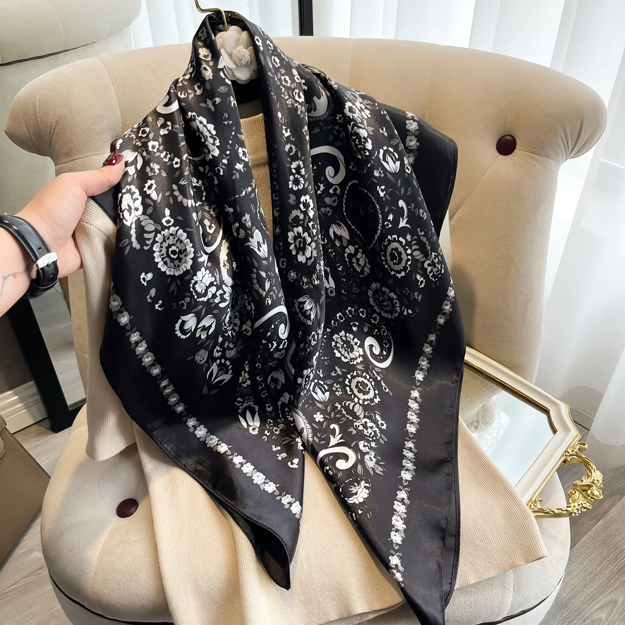 Vintage Paisley Floral Satin Square Scarf 90x90cm, Women Large Neck Shawl, Multi‑use Head Wrap Bag Accessory Gift