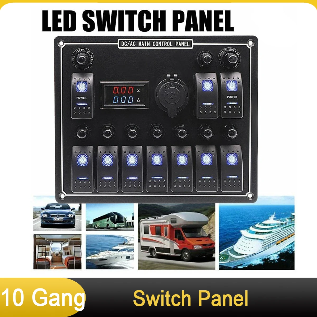 

10 Gang Switch Panel Marine Boat 12V-24V LED Rocker Control Panel USB Charger