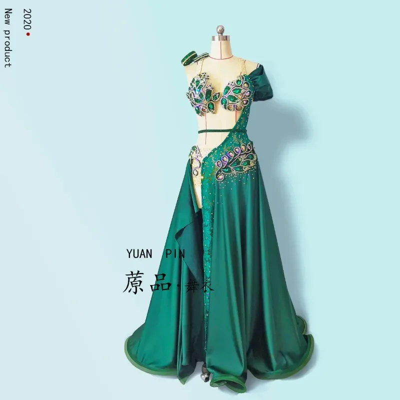 Customized Belly Dancewear Rhinestone Accessories Group Stage Suit Performance Costume Belly Dancing Bra Tassel Split Skirt Set