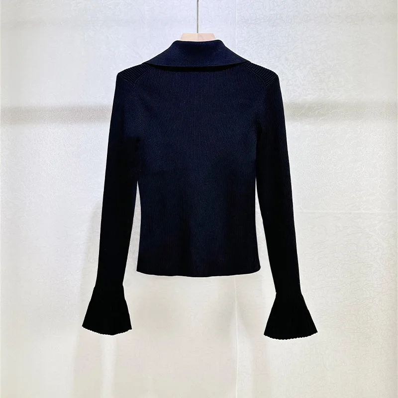 Early Spring 2026 All-match Lapel Knitted Flare Sleeve Base Shirt