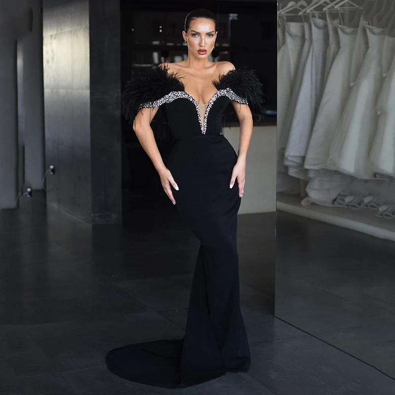 

Thinyfull Black Mermaid Evening Dresses Off The Shoulder Feather Beading Prom Dress Saudi Arabia Cocktail Party Gown Custom Size