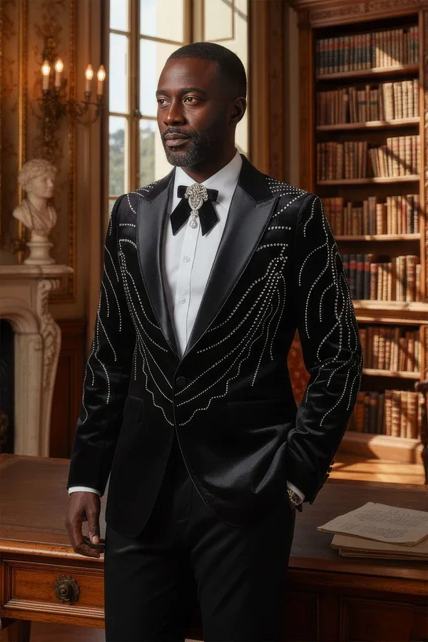 Luxury Men's Black 2-Piece Tuxedo Slim Fit One-Button Tailored Made for Wedding Formal Party Business with Jewelry Decoration