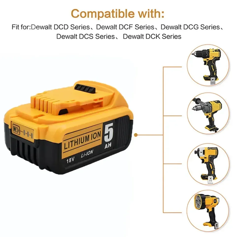 18V 5000mAh For Dewalt DCB200 Replacement Battery Compatible with For Dewalt 20V Tools DCB120 DCB182 DCB200 DCB609 Battery