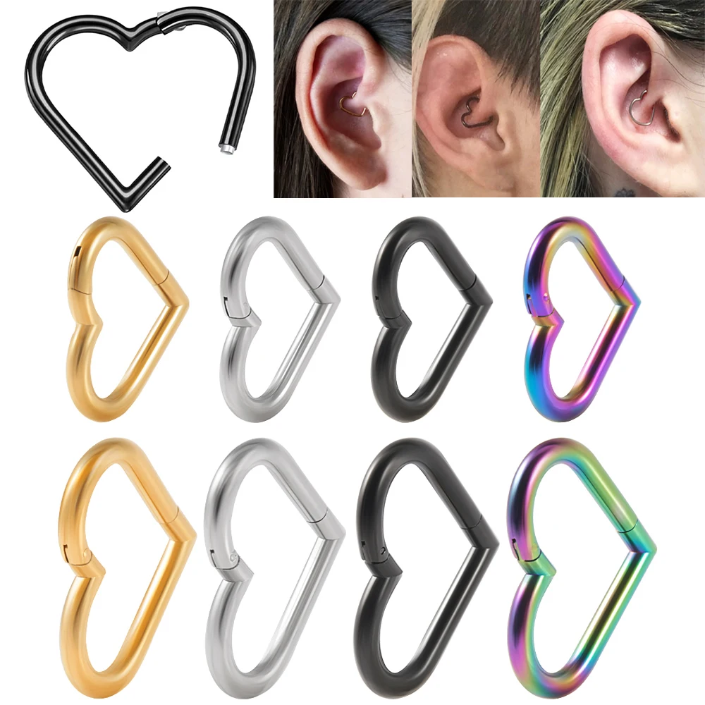 1PC Surgical Steel Heart Daith Piercing Jewelry Rook Hoop Tragus Clicker Ring Cartilage Helix Earring for Ear 16G(1.2x8/10mm)