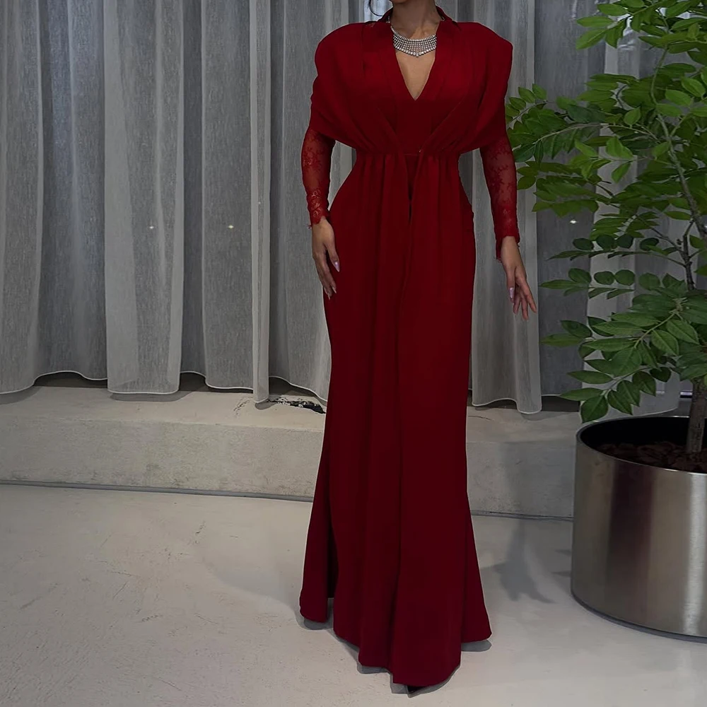 

Customized A-line Evening Dresses Floor-length V-neck Full Sleeve Prom Gown Fashion Lace Pleat Simple Draped Casual Party Gown