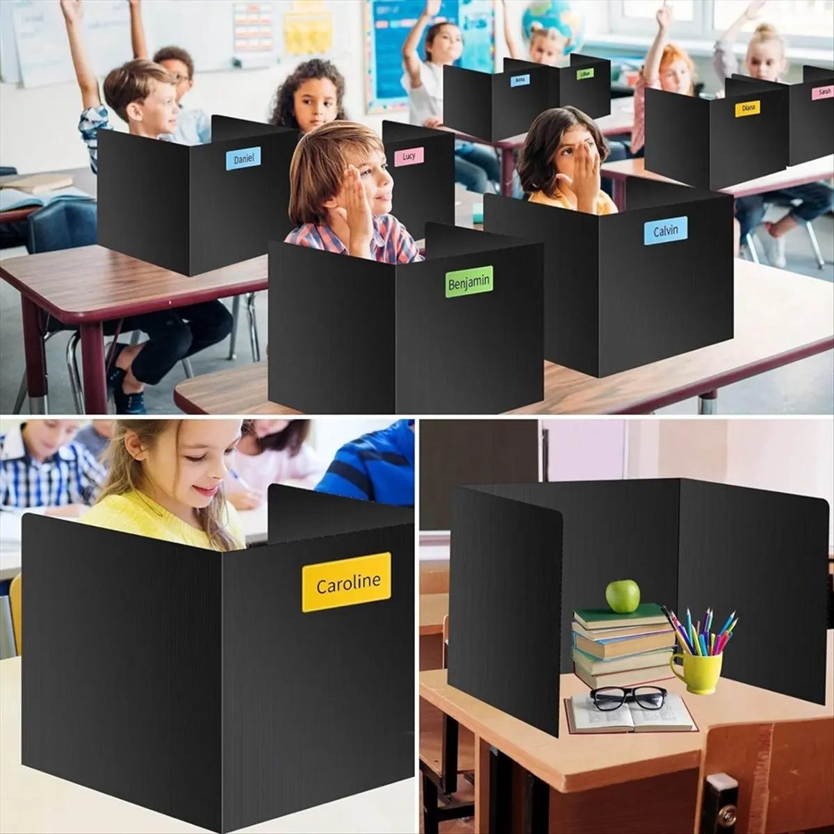 ABJS 8er-Pack Schreibtisch-Trennwände für Schüler, Wasserdichte Kunststoff-Studierplatz-Trennwand, Leicht zu Reinigende Privatsphäre-Klassenzimmer-Trennwand Schwarz