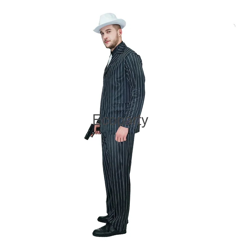 New Halloween Men\'s Gangster Cosplay Costume Deluxe Slim Striped Suit Jacket Pants Hat Suit Carnival Mafia Costumes For Adult