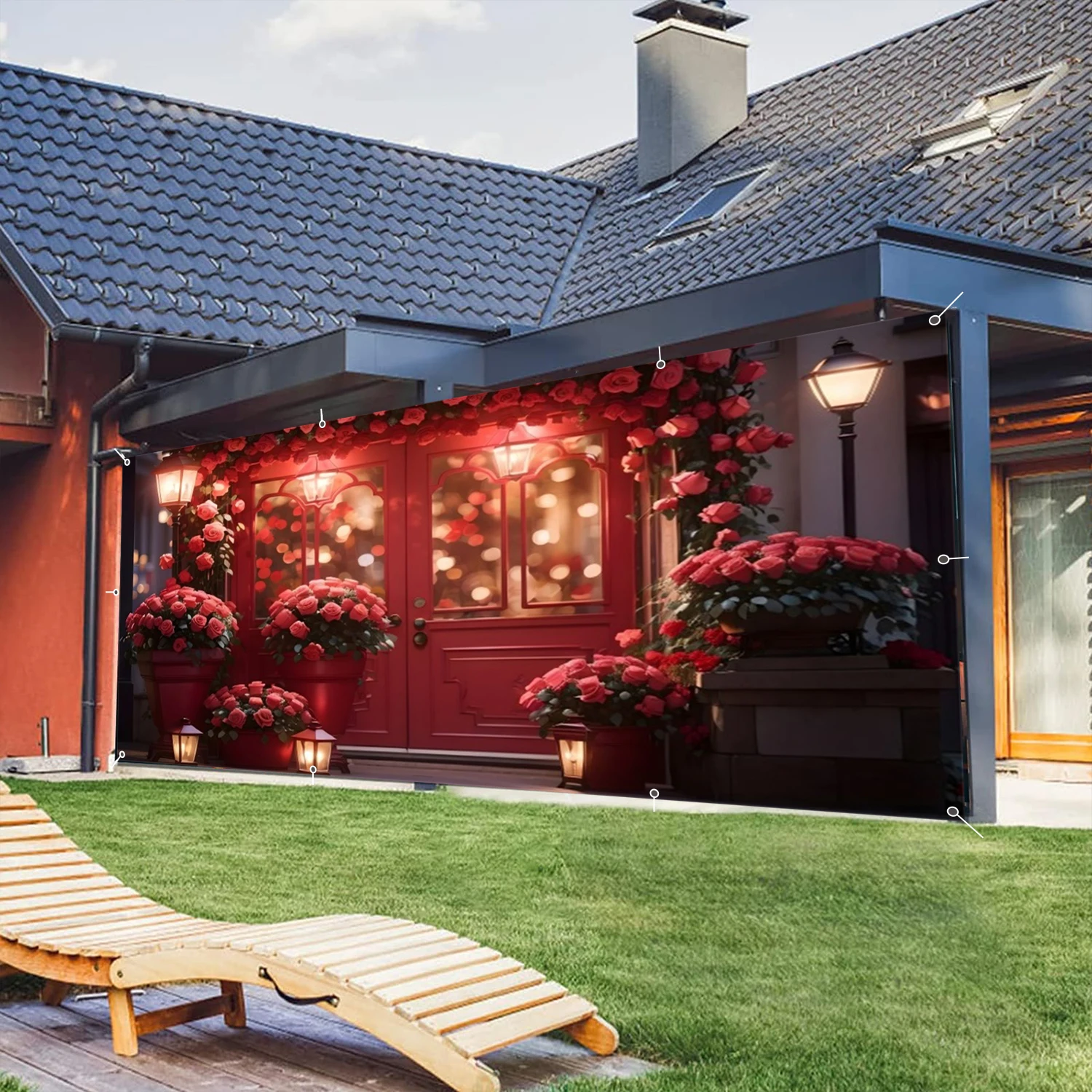 วันวาเลนไทน์ร้านดอกไม้โรงรถผนังพื้นหลังดอกกุหลาบสีชมพูประกายบ้านโรงรถกรอบประตูสําหรับกลางแจ้ง Home Courtyard Decor