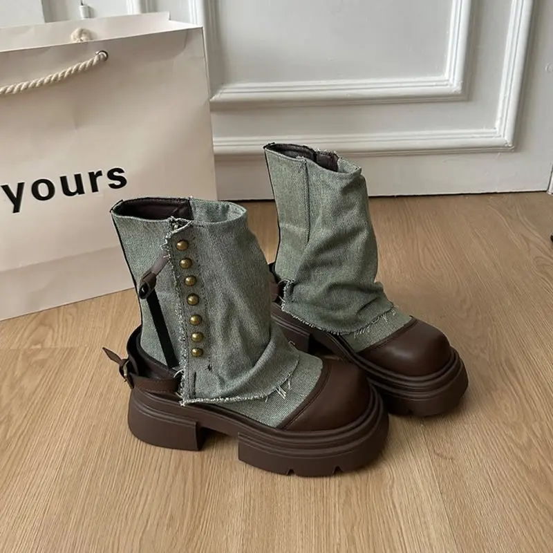 

Women Boots British Fashion Pants Leg Boots New Thick Soled Rivet Zipper Belt Buckle Platform Anti Slip Cowboy Short Boots