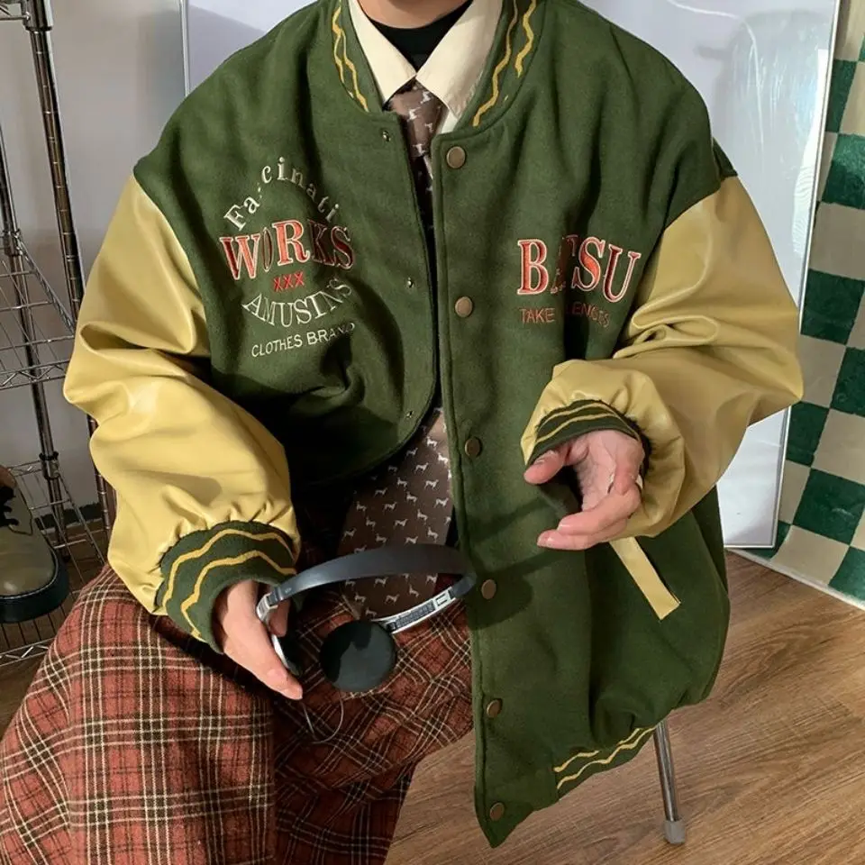 

​​2025 Vintage Baseball Jacket Unisex PU Leather Embroidery Letter Fall Spring American Retro Oversized Athleisure Outerwear​​