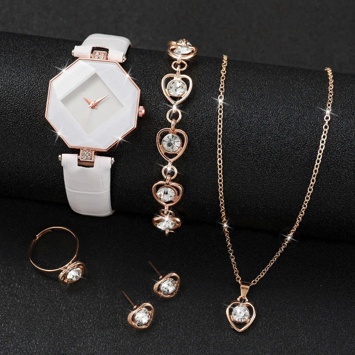 6pcs/set Luxury Women Rhombus Case Quartz Watch & Love Heart Diamond Jewelry Set