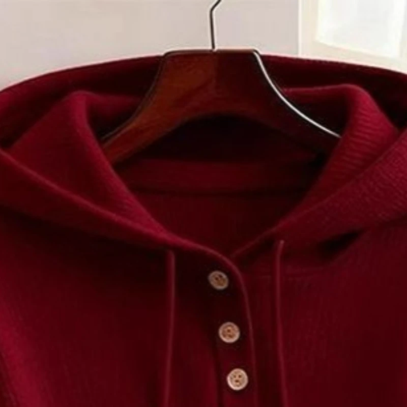 Top Women's Fall Winter Long Sleeve Hooded Sweatshirt Loose Fit Slimming Knit Sweater Cropped Base Layer Stylish New Minimalist