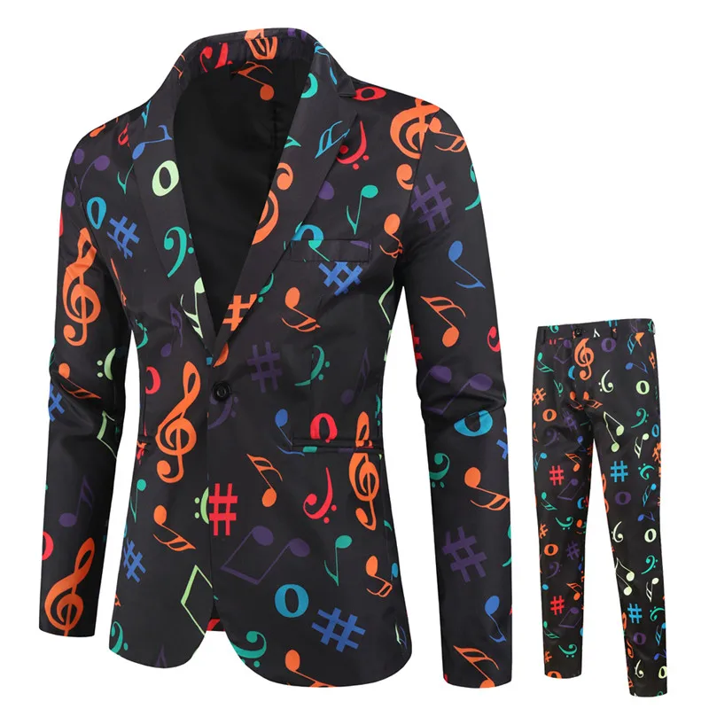 2027 Men's Black Two-piece Suit Featuring A Jacket and Pants with A Musical Note Print; Perfect for Parties, Nightclubs Wear.