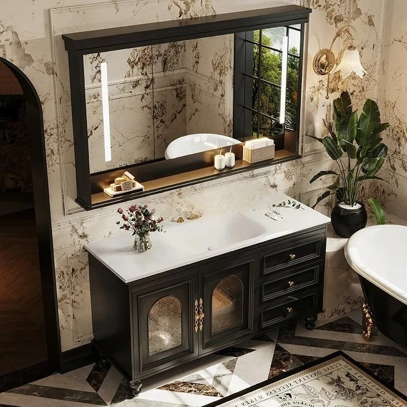 Mobile da bagno francese dal pavimento al soffitto in rovere retrò, combinato lavabo da bagno