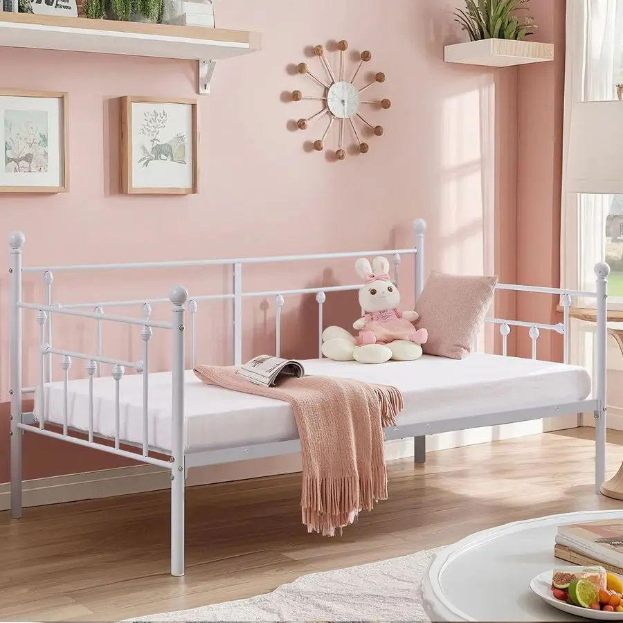 

VECELO Daybed Frame, Twin Size Metal Platform Bed with Headboard,Heavy Duty Steel Slats Support for Living Room Bedroom Guest R