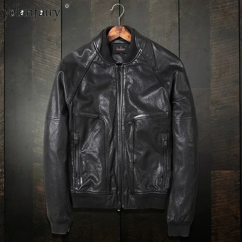 

2023 Autumn New Men's Leather Jacket Short Standing Collar Motorcycle Sheepskin Jackets for Men Slim Korean Trend Jaquetas FCY