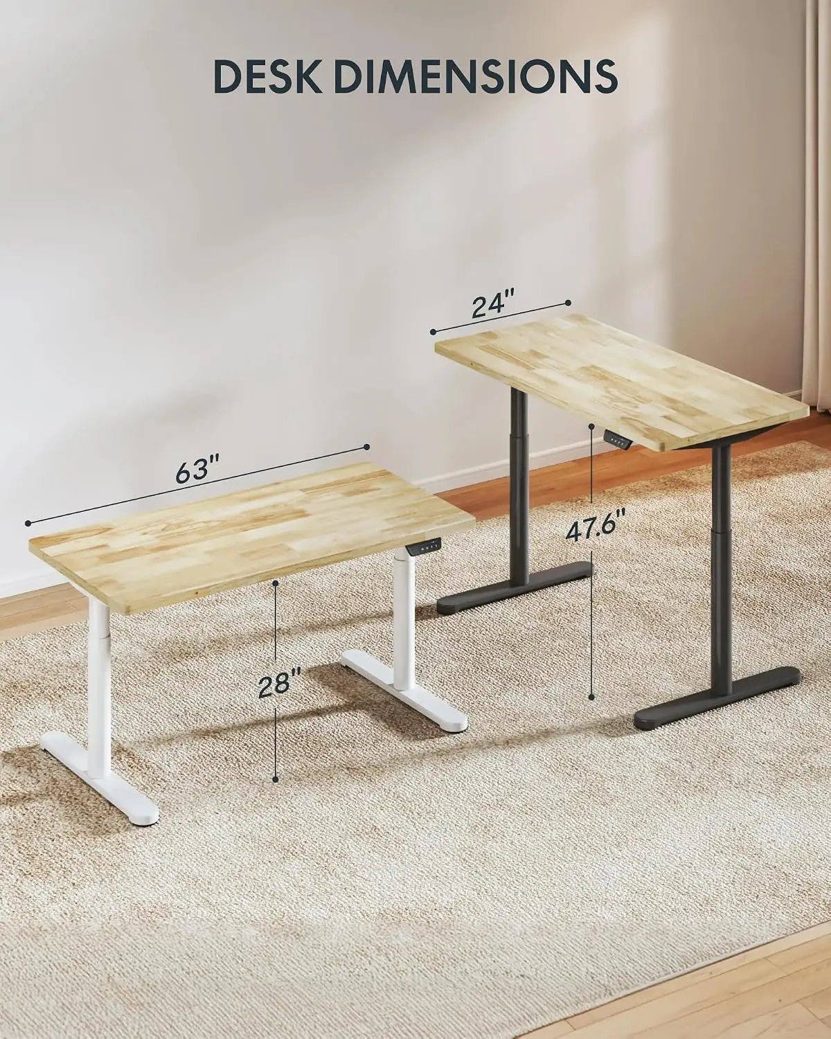 Solid Wood Standing Desk Electric Height Adjustable Home Office 63x24 Inch White Oval Leg, Customized