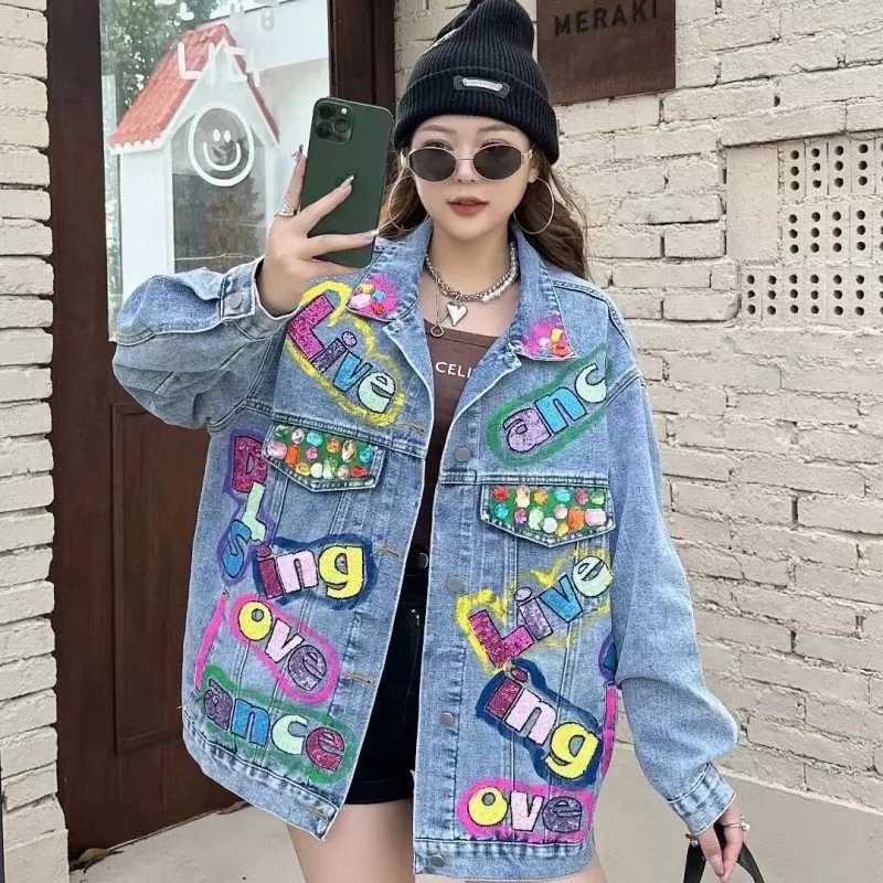 Denim Jacket For Womens 2024 Spring New Stitching Lace Sequined Flower Coats Fashion Female Clothes Jaqueta Jeans Feminina