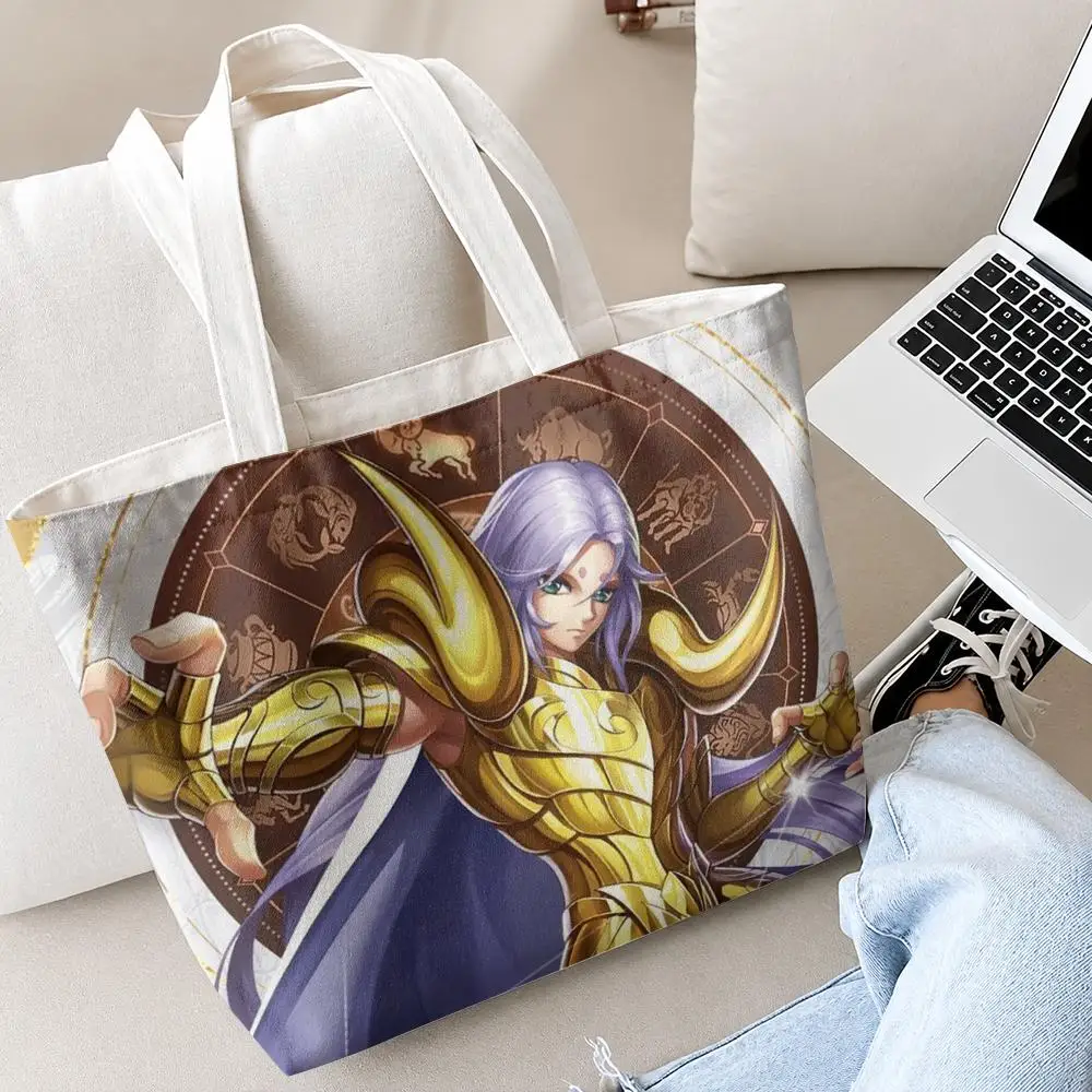 Animation 12 Gold S-Saint Seiya Storage Bags Canvas Double-Sided Print Set 2-Piece Shopping Bag with Zipper for Work and Travel