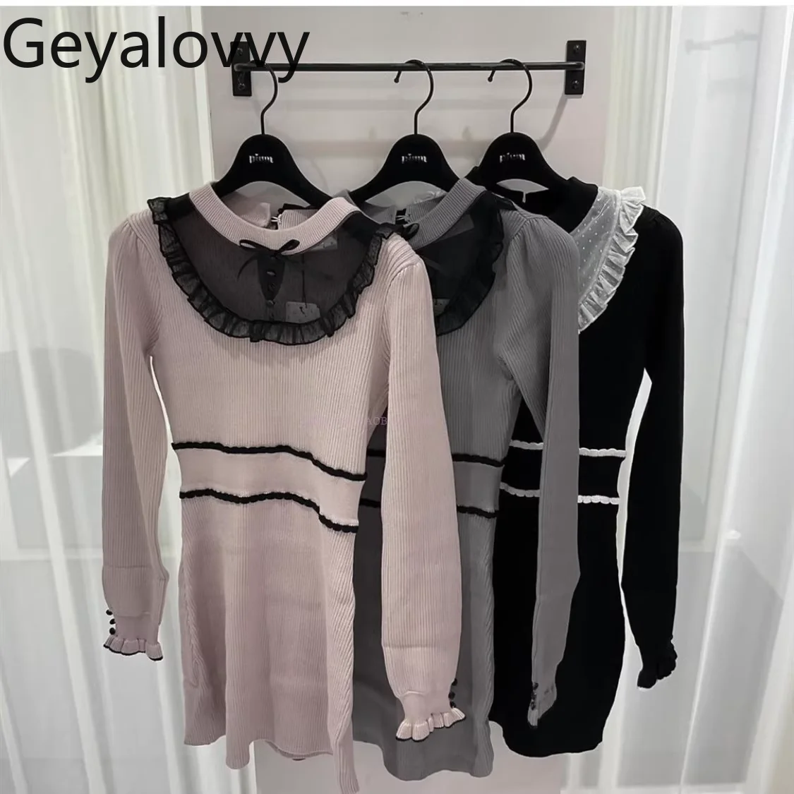 

Japanese Style Pure Original Patchwork Lace Collar Long Sleeve Slimming Dress Autumn New Sweet Ribbed Knit Sweater Dresses