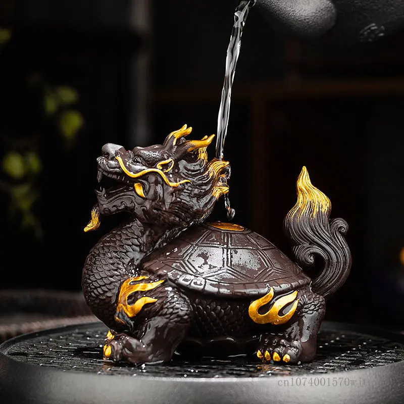 Purple Sand Zhaocai Dragon Turtle Tea Pet Small Ornament Lucky Animal Sculpture Creative Mini Tea Set, Boutique Accessories, 1Pc