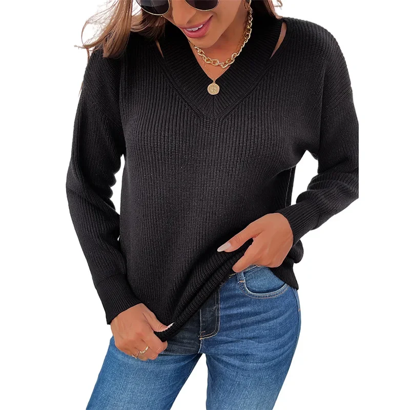 V-neck Solid Color Sweater 2024 Autumn and Winter Street Style Women's Sweater Casual Long-sleeved Pullover Sweater Women's