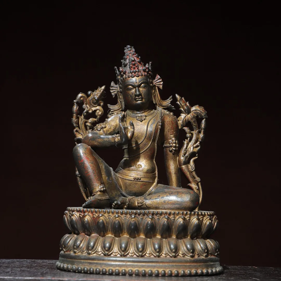 

10"Tibetan Temple Collection Old Bronze Cinnabar Mud gold White Tara Sitting Buddha Lotus Platform Worship Hall Town house