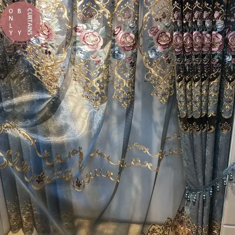 High Grade Blackout Gray Blue Embroidered Chenille Curtains for Living Room Bedroom Embroidered Tulle Custom Valance Villa