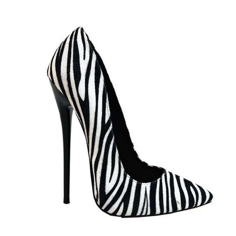 CACA-Sapatos de fetiche femininos, salto alto raso, padrão zebra sexy, dedo apontado, deslizar sobre, preto, vermelho, tamanho grande 46, 16cm