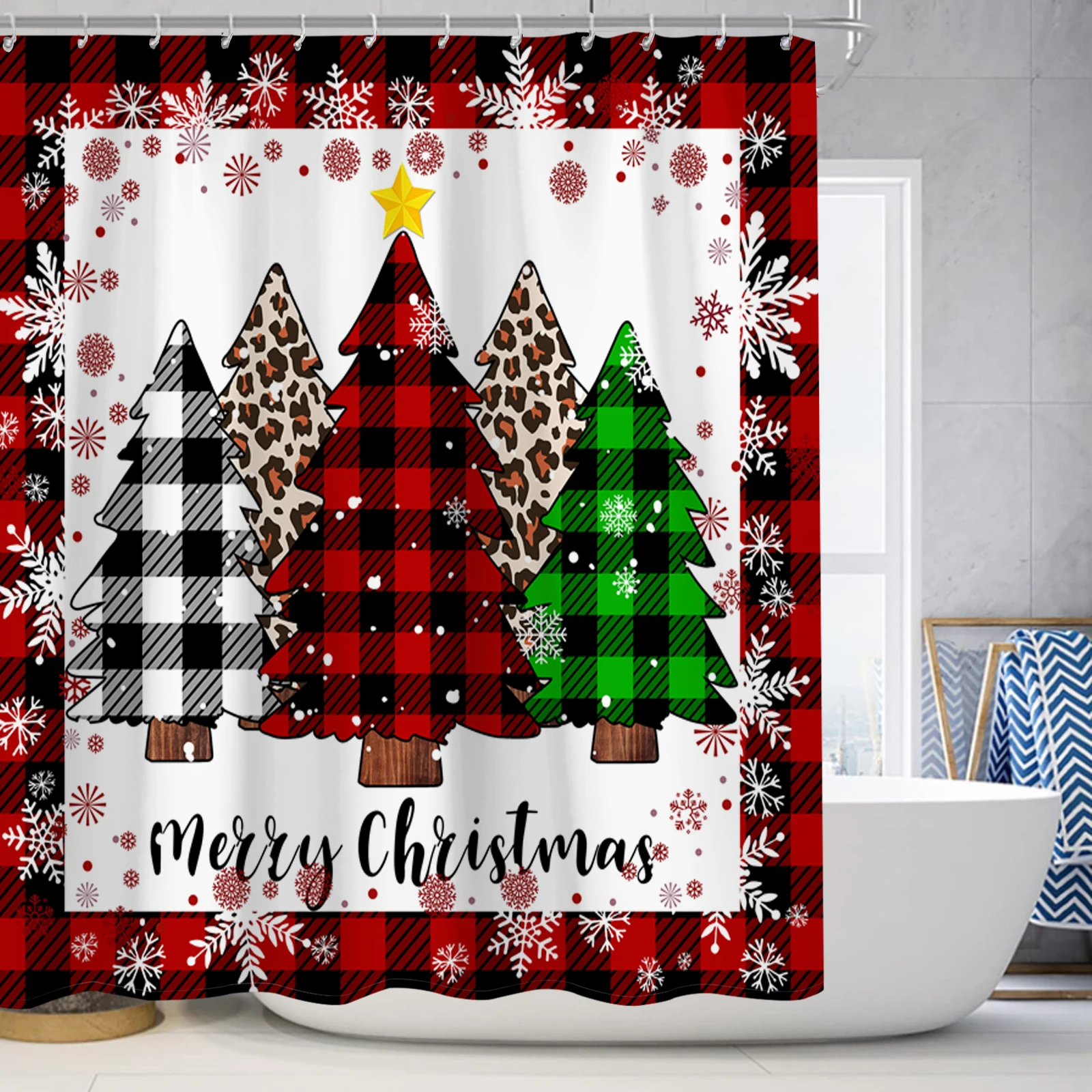 Christmas sparkling Christmas tree print shower curtain, modern waterproof décor, soft fabric, non-slip bathroom mat with hook