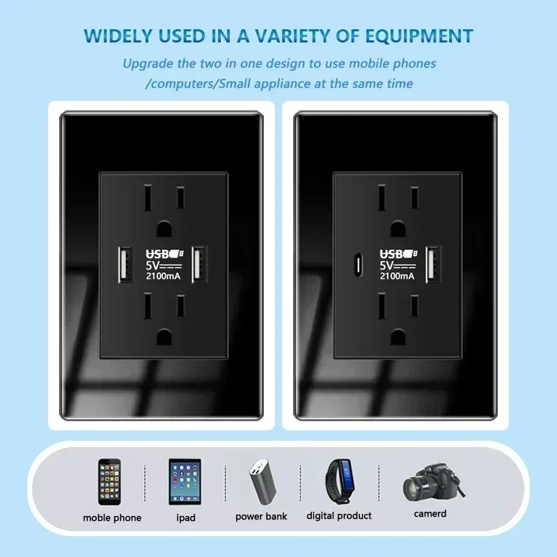 American Type-c Quick Charge Wall Power Outlet,2Way Light Electrical Switch Panel,Mexico Thai US Tempered Glass usb Socket Plug