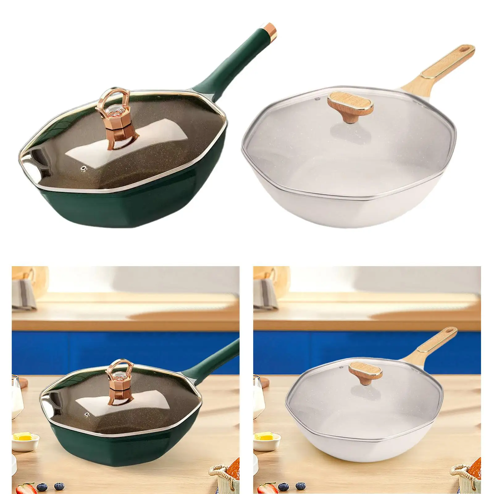 Octagonal Frying Pan Woks Comfortable Grip Cookware Cooking Pan Nonstick Pan for Camping Restaurant Household Meat Dumplings