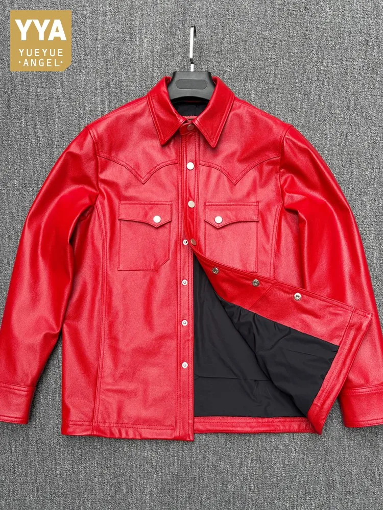 

Youth Men Top-Quality Red Cowhide Jacket Single Breasted Coat Genuine Leather Turndown Collar Jackets Slim Fit Fashion Outerwear