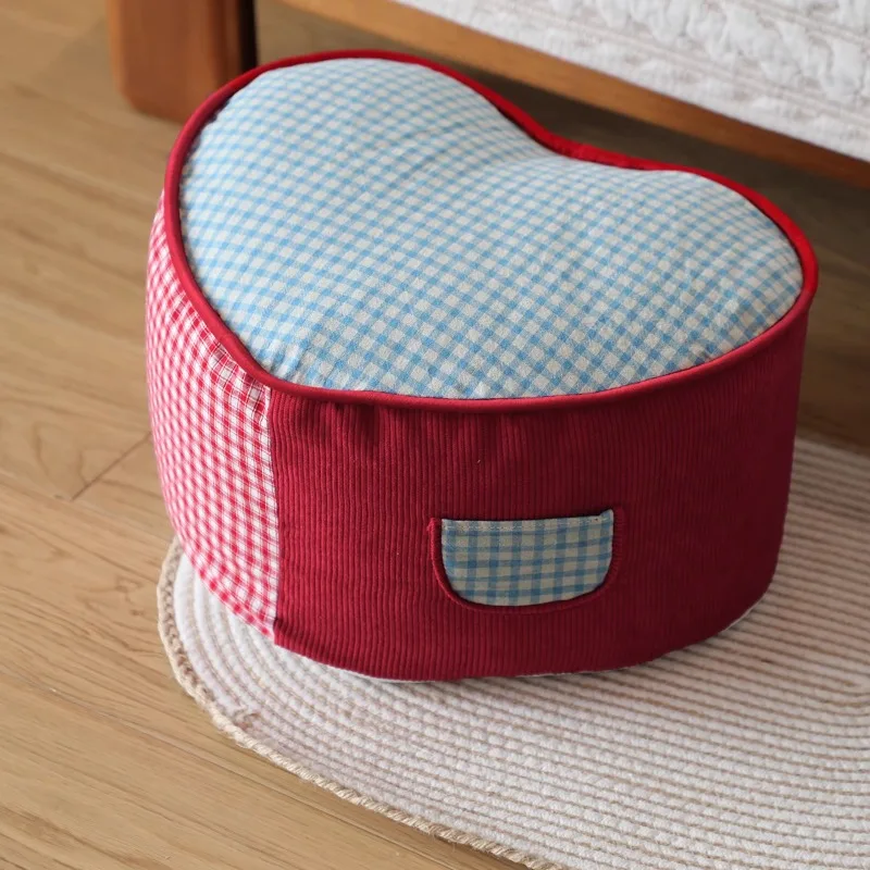 Fabric Heart Plaid Floor Cushion, Cute Entryway Shoe Stool, Removable Tatami Pouf, Cream Style Kids Room Footrest Seat