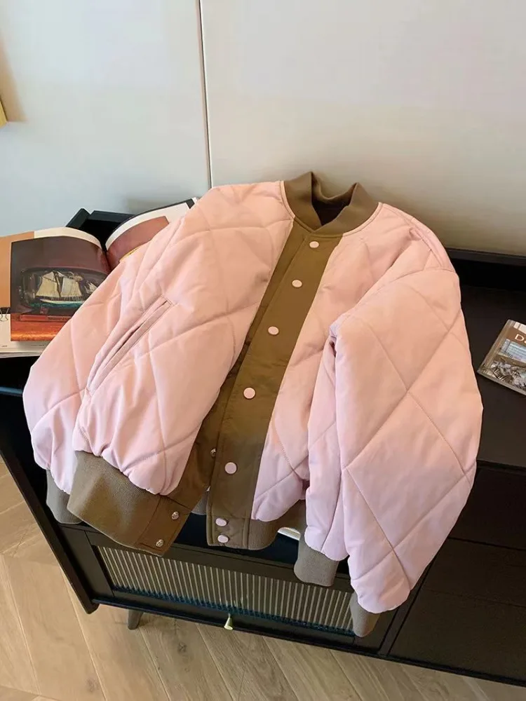 

Korean Pink O-neck Cotton Jacket Autumn Winter Simple Casual Coat for Women 2025 Loose Thicked Warm Tops Mujer Lightweight