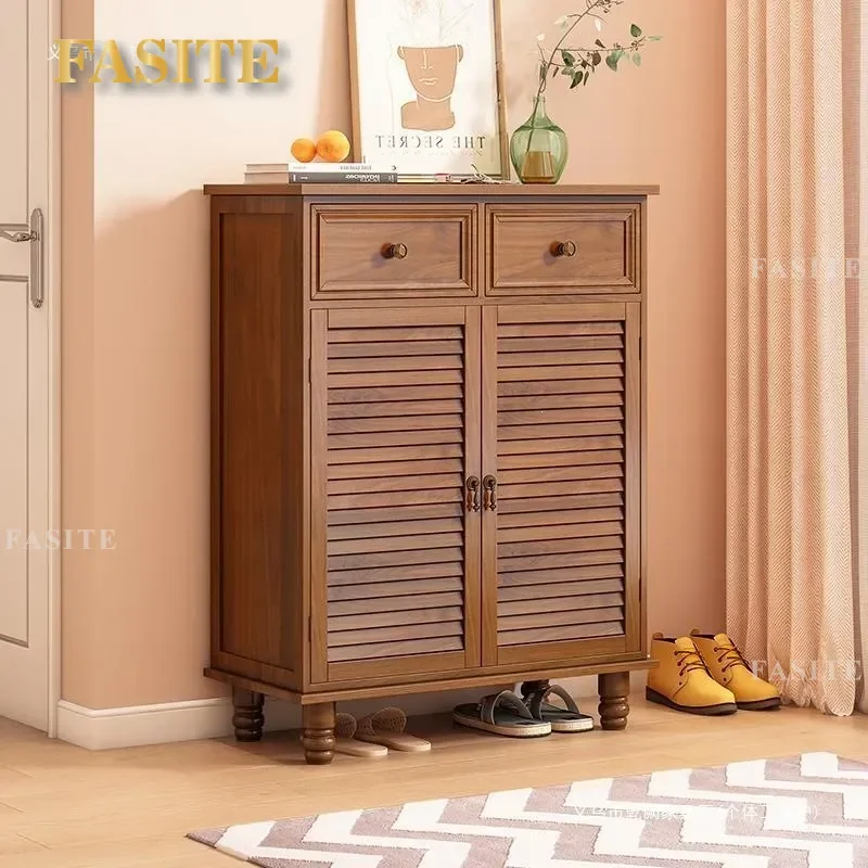 For American Household Large Capacity Pure Solid Wood Shoe Cabinet Multi Layer Door Integrated Entrance Storage Economical
