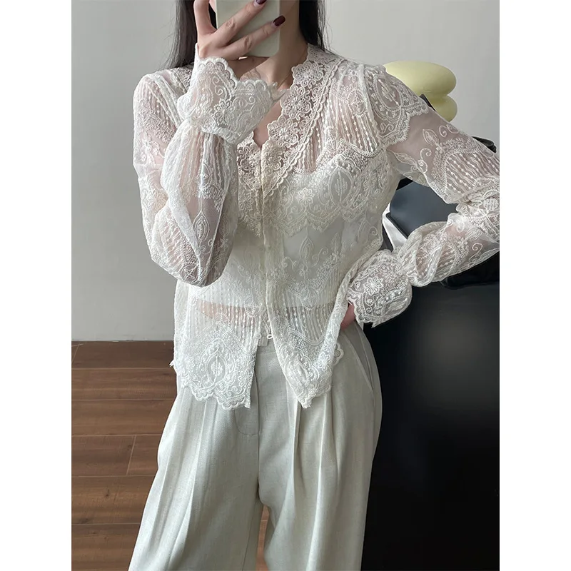 

Women Lace Embroidery Long Sleeeve Blouse Spring V-neck Single Breasted Hollow Out Shirts Cardigan Tops