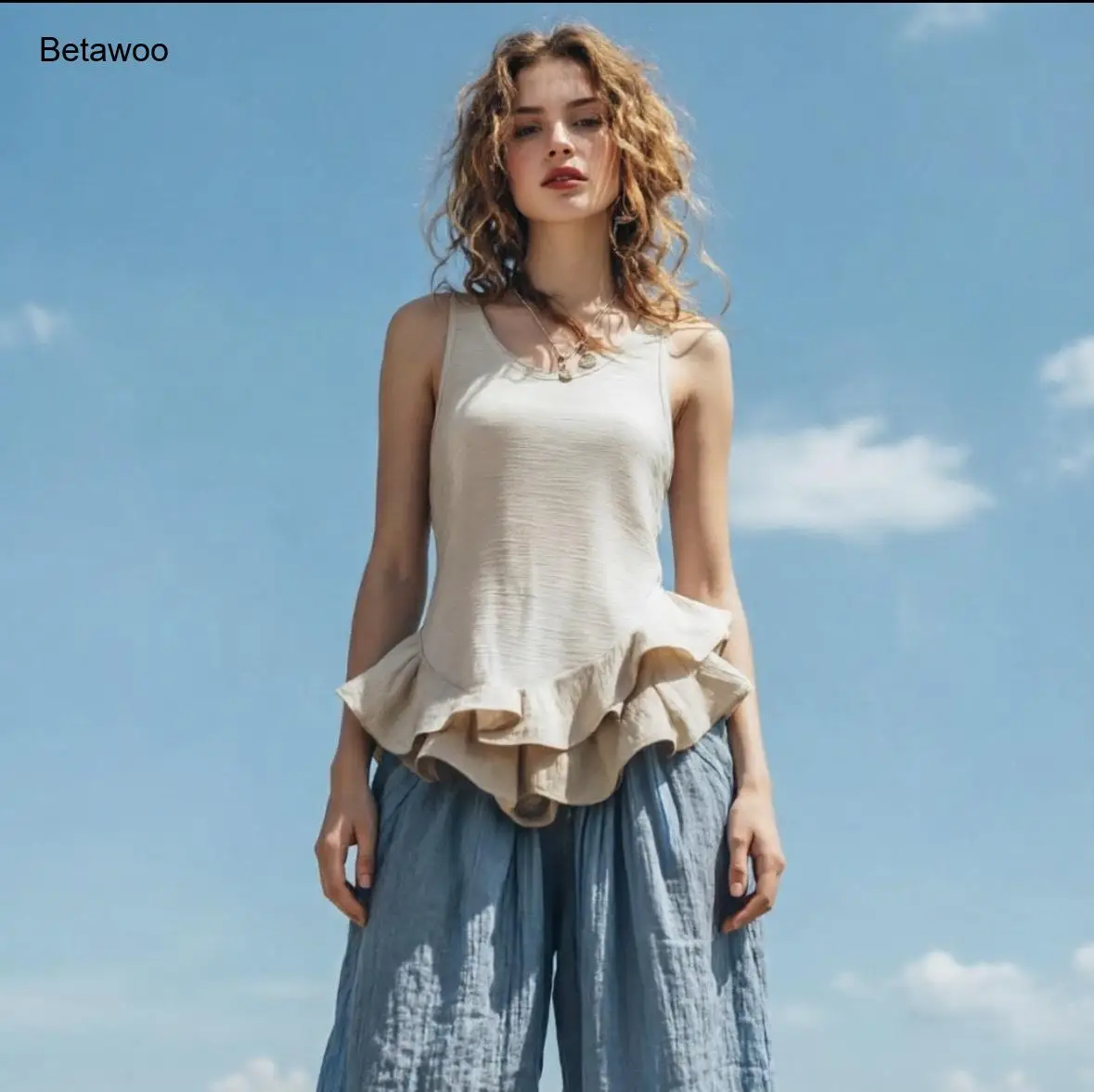 Women Linen Ruffle Peplum Tank Top Sleeveless Asymmetric Hem Casual Summer Boho Flowy Blouse