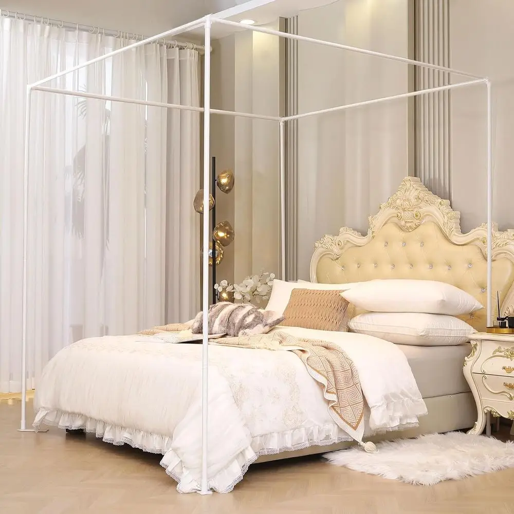 Twin Size Bed with Outer Support, Thickened Metal Poles & Brackets, Compatible with Metal/Wood Base (White)