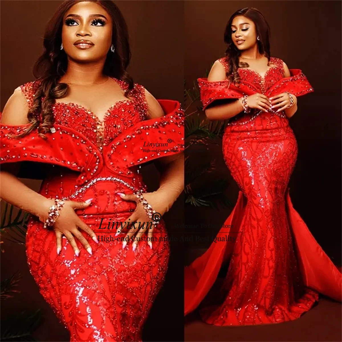 

Customized Mermaid Prom Dresses With Detachable Train Beaded Lace Evening Gown For Women Sheer Neck Formal Party Gala Dress