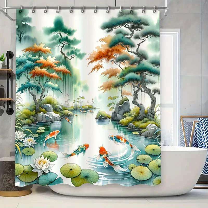 Nature-Inspired Waterfall Fish Print Shower Curtain Perfect for a Zen Spa-like Bathing Experience