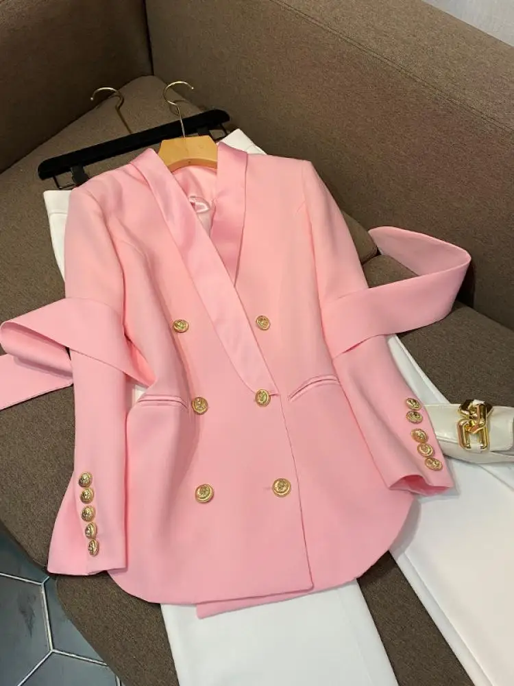 Briti Sle Peach Pink Jaet with Belt Ele Precision Commute Wind Women's Suit Outerwear A6744
