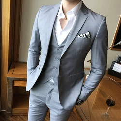 (Jacket+Pants+Vest) 3 Pcs Set Blazers Fashion New Men Casual Boutique Business Solid Color Wedding Suits Dress Coat Trousers