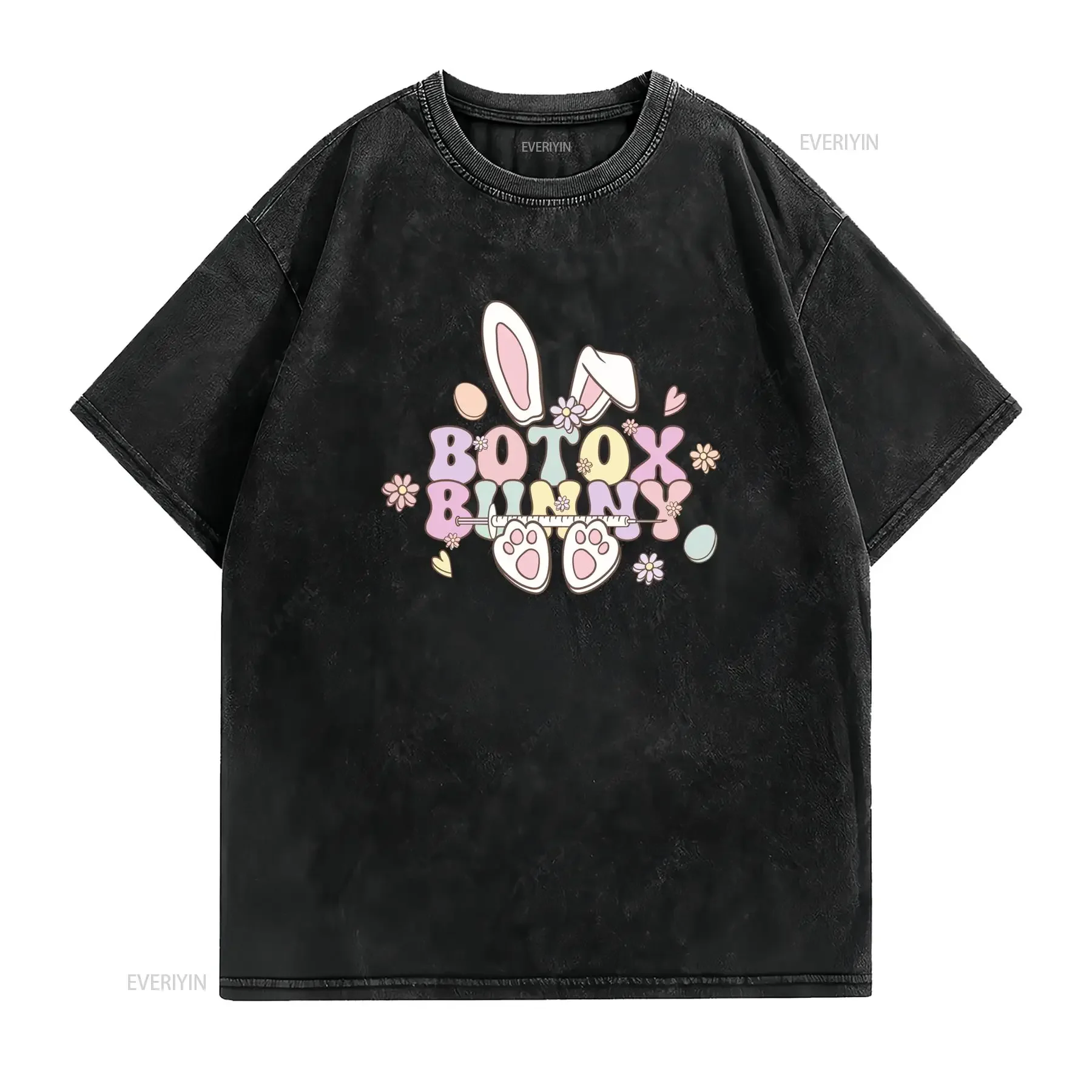 Groovy Pastel Funny Easter Botox Bunny Syringe Floral Print Casual T Shirt vintage Washed Stylish Breathable