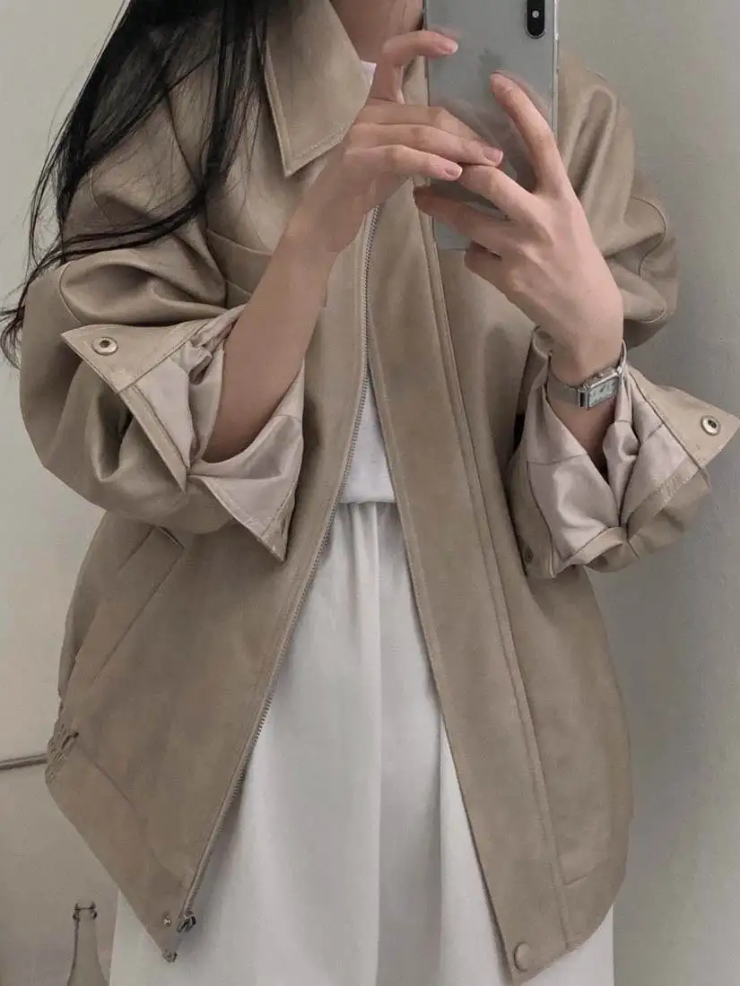 Sli PU Leather Jaet Women's Chic Retro Collar Loose Versatile BF Sle Motorcycle Clothes Trendy Long Sve Zipper