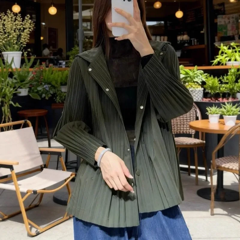 

Miyake ветровка с капюшоном, женская простая повседневная куртка, однотонная ветрозащитная свободная модная куртка, осенне-зимняя новая корейская куртка