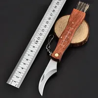 Mini Mushroom Knife Stainless Steel Folding Knife Mushroom with Brush Wooden Handle Mushroom Pocket Knife Fruit Knife