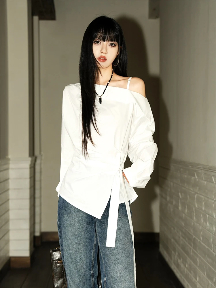 

Early Spring New Arrival Korean Sle Commute Asymmetrical Design Long Sve Diagonal oulder Top Women's Casual irt