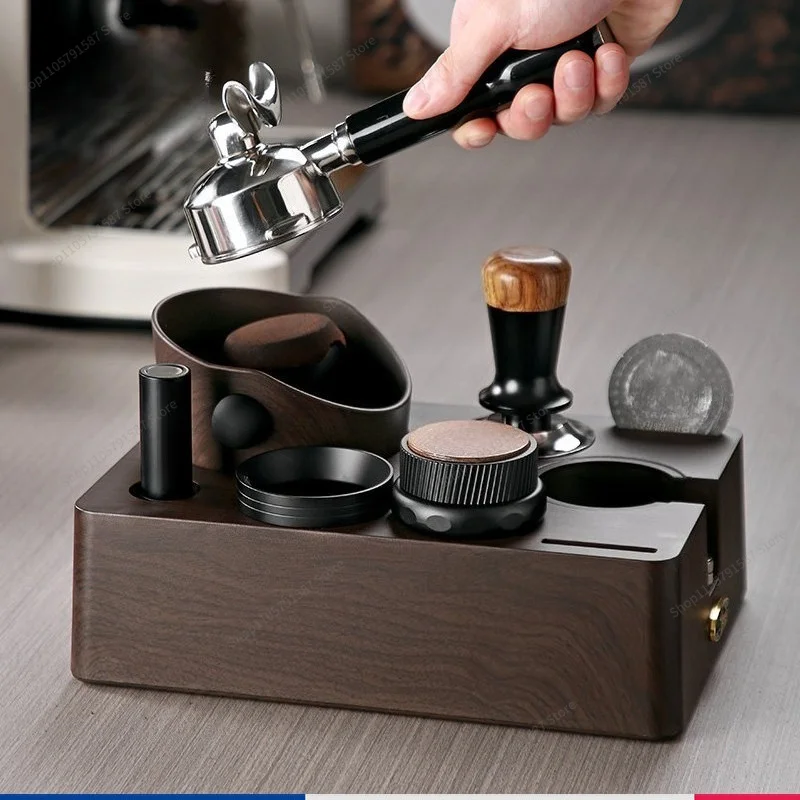 For Wood Grain Coffee Powder Press Base Set, Multi-functional Cloth Powder Dispenser Storage Slag Box