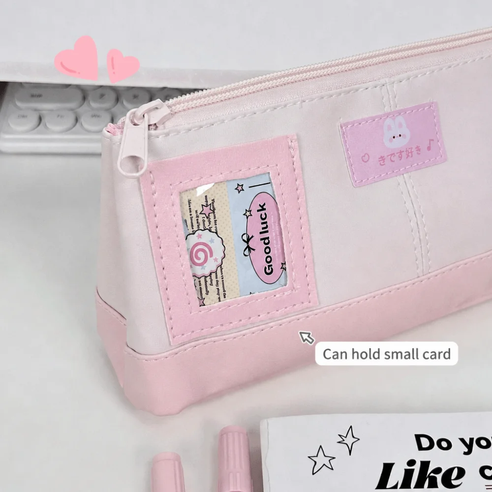 Kawaii PU Pencil Case Pink Large Capacity Pen Bag Rabbit Print with Photo Window Stationery Pouch Students